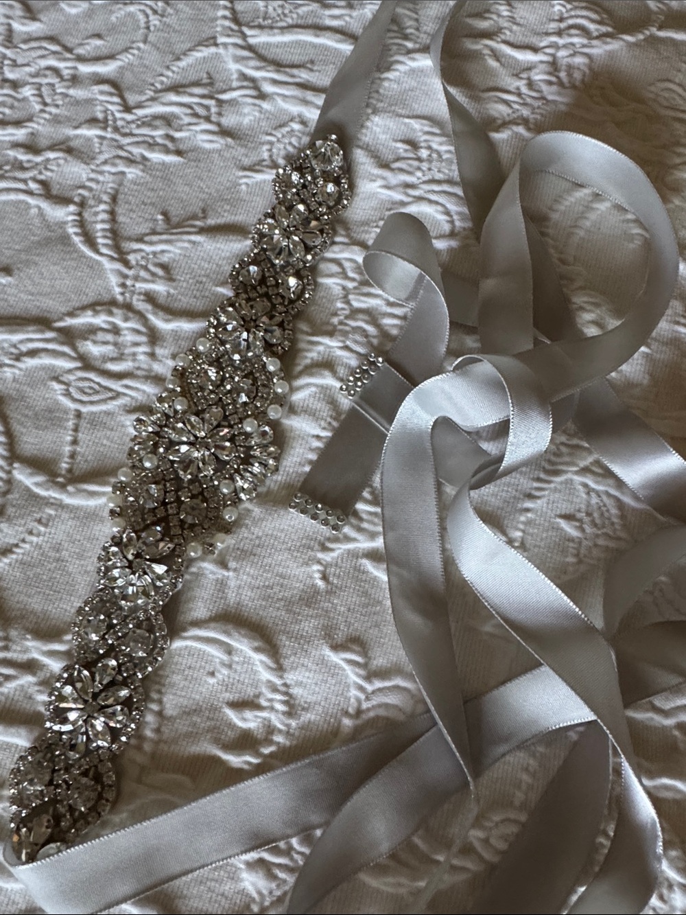 Crystal Embellished Satin Ribbon Sash - Silver